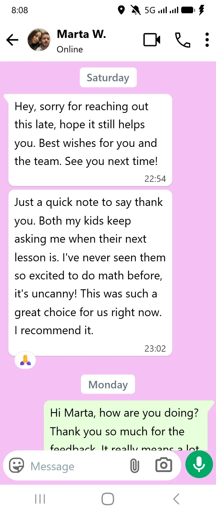 WhatsApp message from Marta W.