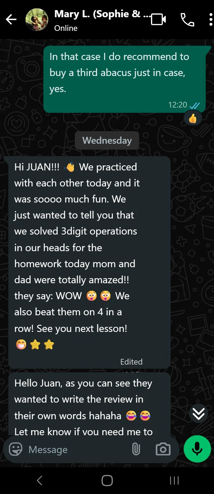 WhatsApp message from Mary L.